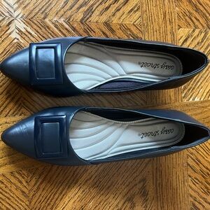 easy street Navy Pointed-Toe Flats with Square Decorative Accent